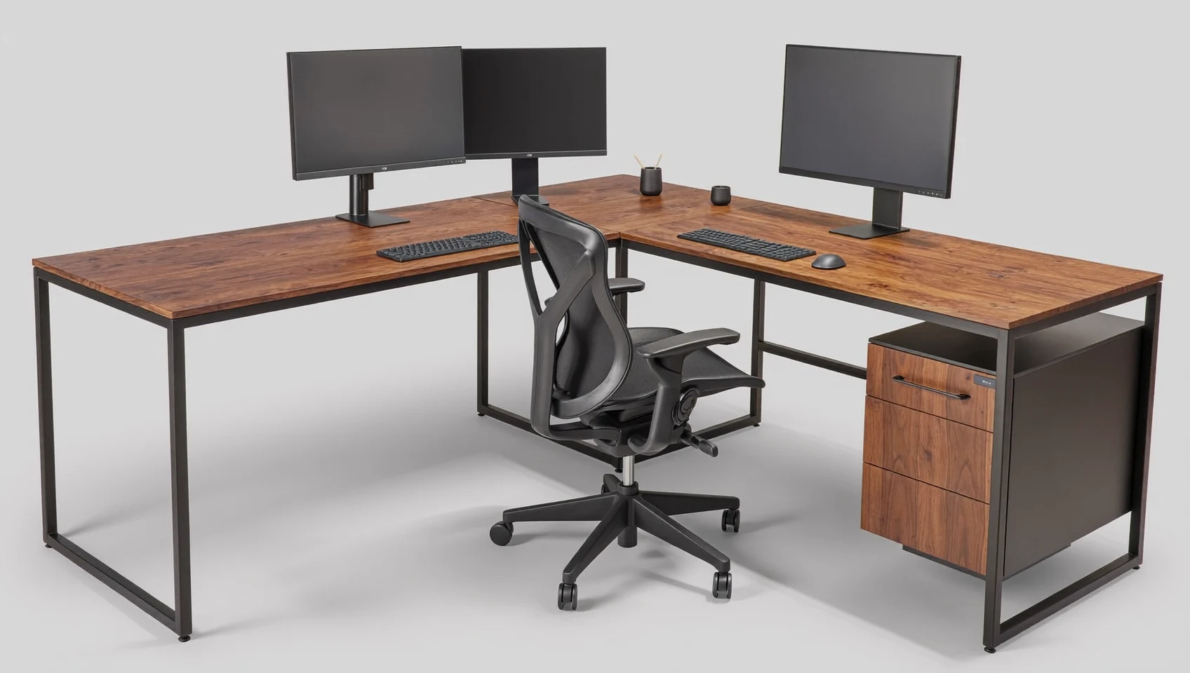 Illustration: Arbeitsplatz mit Schreibtisch, Monitor und aufgeräumter Ablagefläche